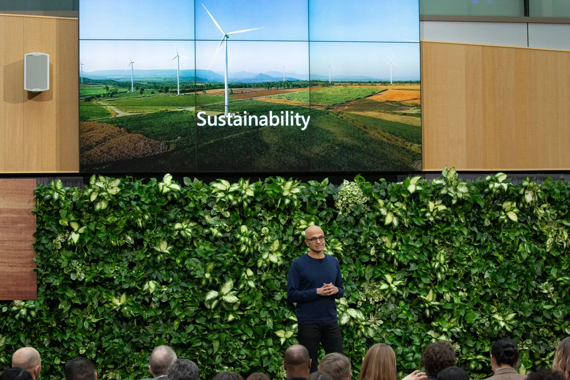 Satya Nadella, chief executive officer of Microsoft Corp., speaks during a climate initiative event at the Microsoft Corp. campus in Redmond, Washington.