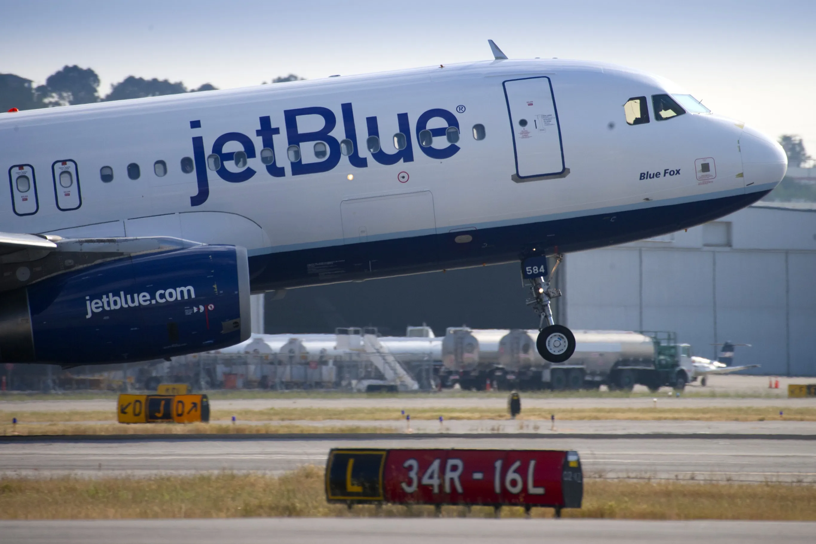 A JetBlue Airways Corp. plane takes off from Long Beach Airport.