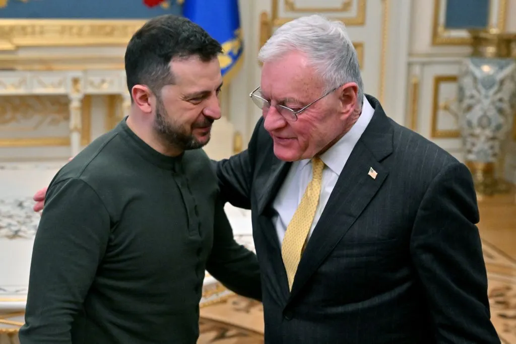 Ukraine's President Volodymyr Zelensky greets US envoy Keith Kellogg at a Kyiv meeting in&nbsp;February.