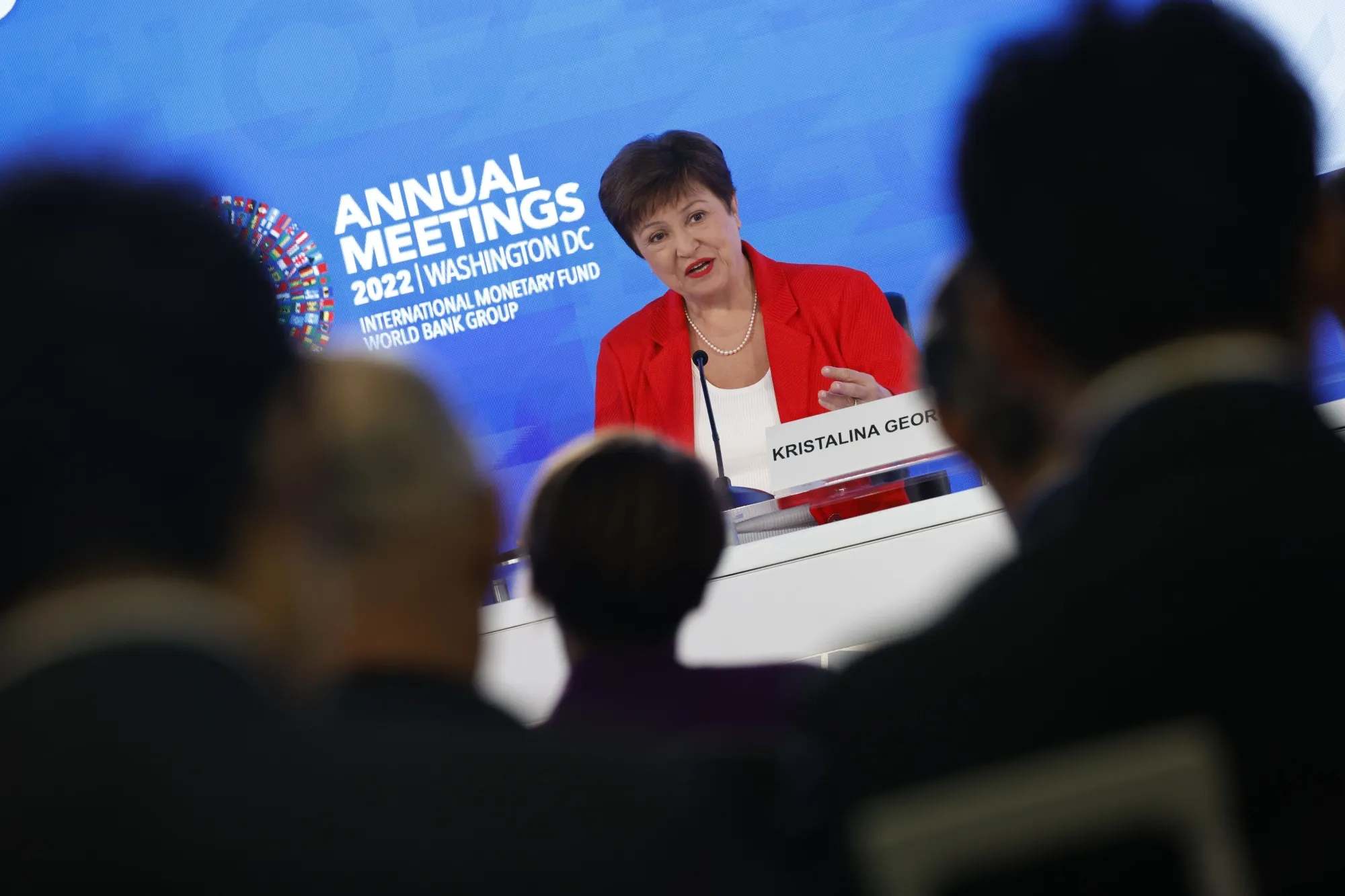 Kristalina Georgieva speaks at a news conference during the annual meetings of the IMF and World Bank Group in Washington, DC, on Oct. 13.