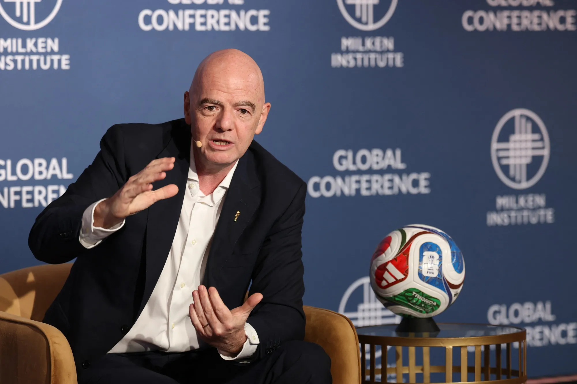 FIFA President Gianni Infantino speaks during the Milken Institute Global Conference in Beverly Hills on May 5.