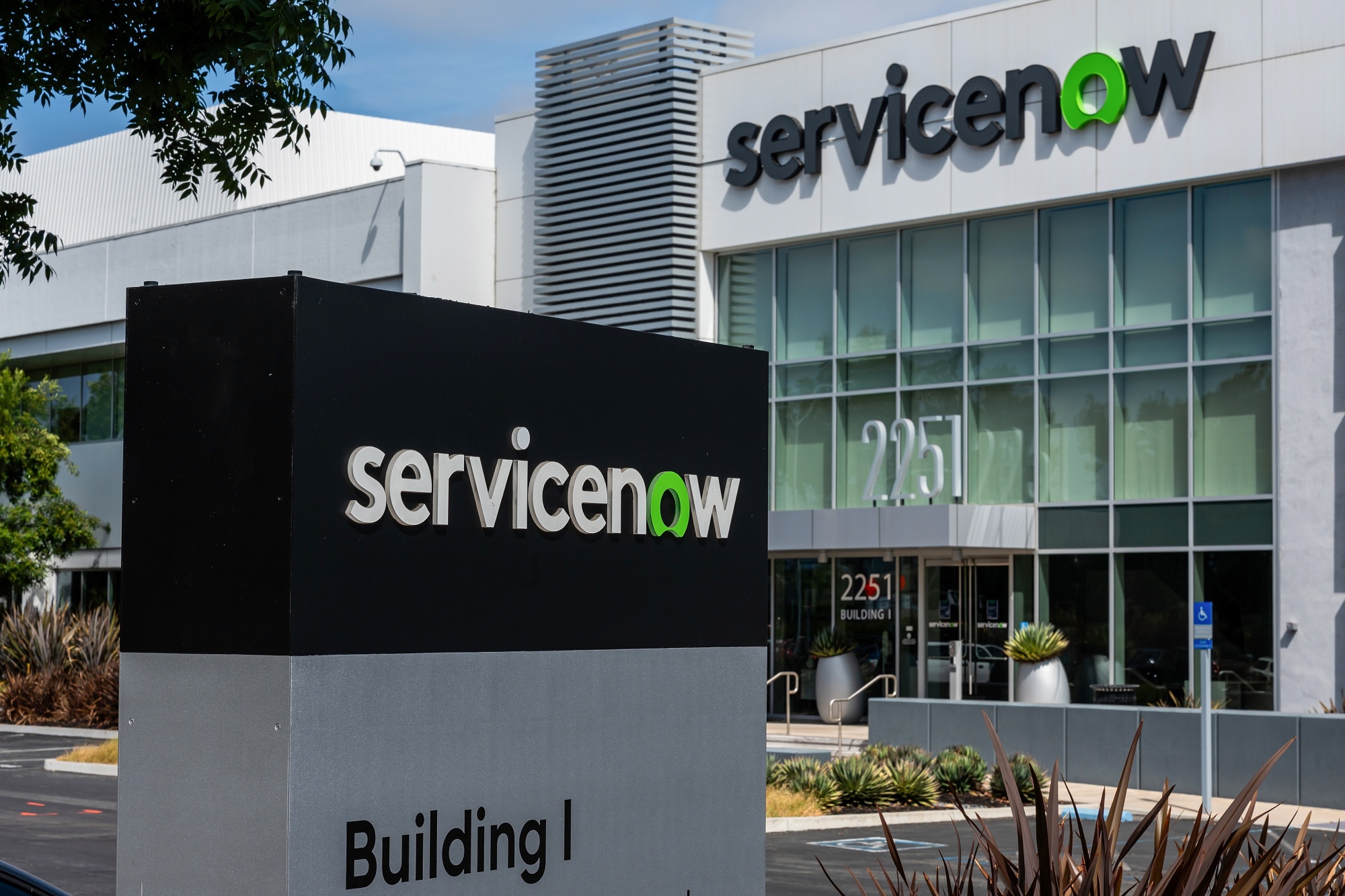 Signage outside the ServiceNow headquarters in Santa Clara, California.