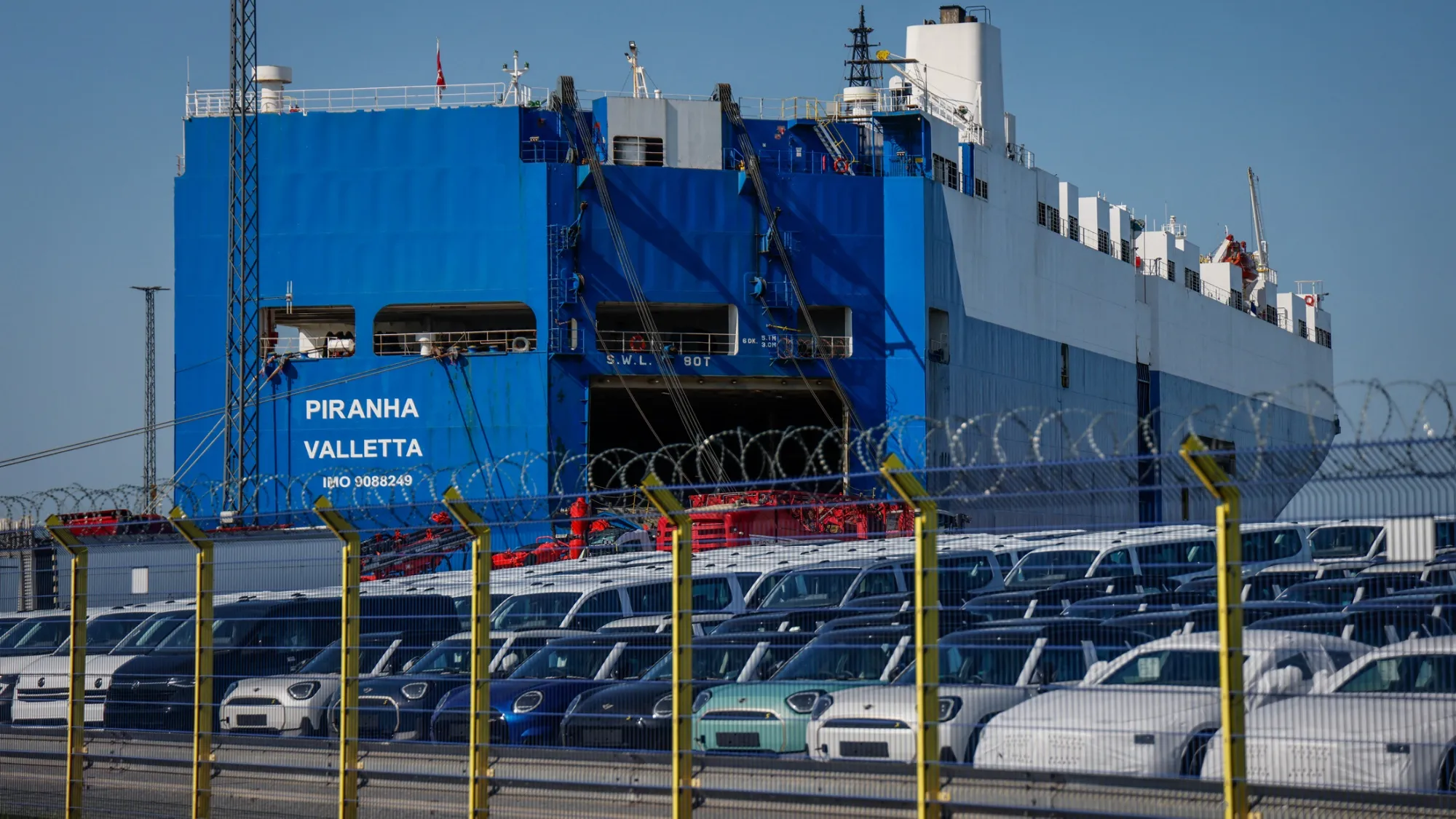 Vehciles await transport at the port in Bremerhaven, northern Germany.