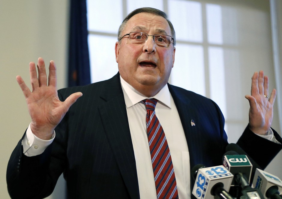 Maine Governor Paul LePage says probably something terrible at a news conference at the State House in Augusta, Maine. 