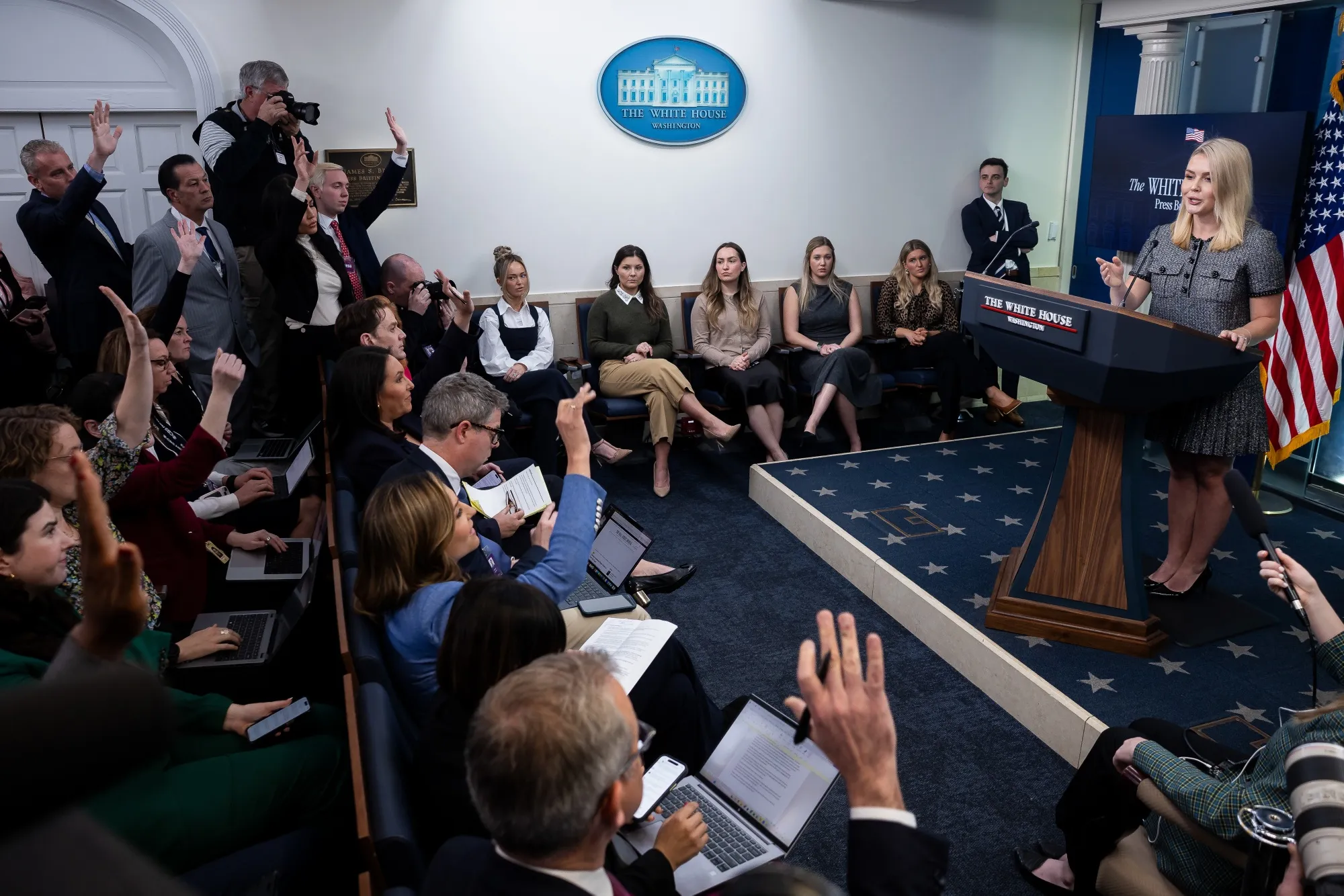 Karoline Leavitt, White House press secretary, during a news conference in the James S. Brady Press Briefing Room of the White House in Washington, DC, US, on Friday, April 11, 2025.&nbsp;