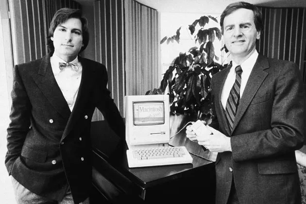 Steve Jobs (left), chairman of Apple Computer, and John Sculley, Apple's president, with the Macintosh personal computer on Jan. 16, 1984