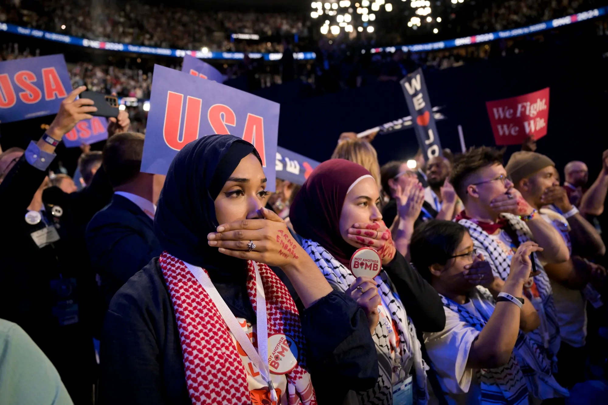 Minnesota delegates silent protest as Joe Biden speaks during the Democratic National Convention at the United Center in Chicago, Illinois, on Aug. 19.