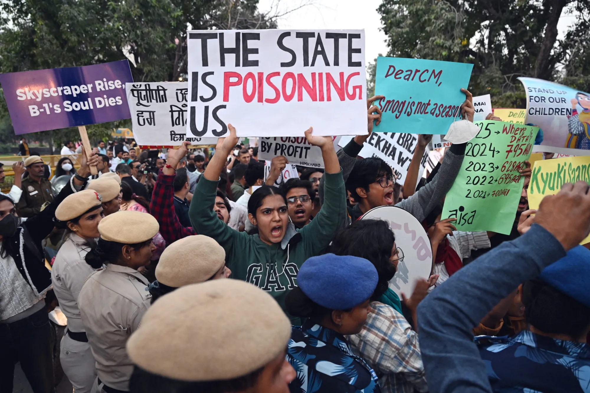 Protesters demonstrate against high levels of air pollution in New Delhi, on Nov. 9.
