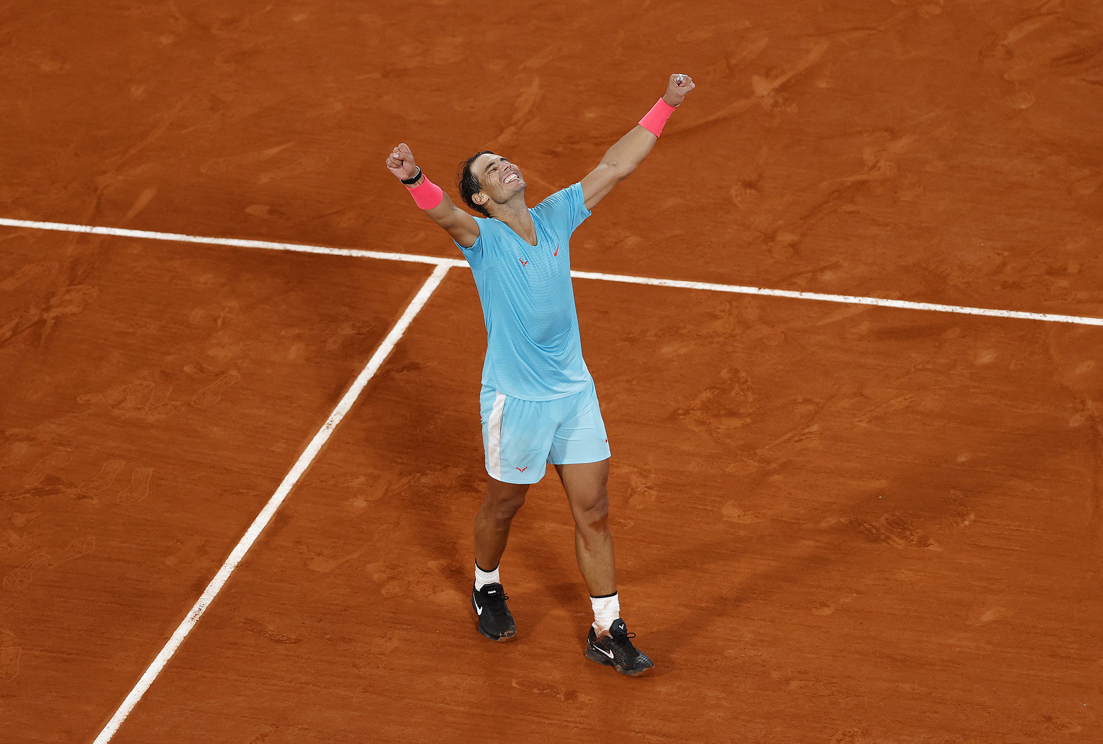 Rafael Nadal&nbsp;celebrates after winning championship point against Novak Djokovic of Serbia during&nbsp;the 2020 French Open at Roland Garros in Paris, France, on Oct.&nbsp;11.