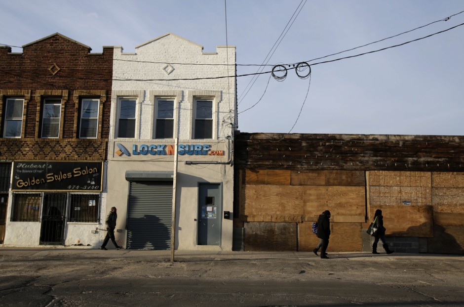 Closed and boarded-up businesses in the Rockaways in January 2013, shortly after Hurricane Sandy.