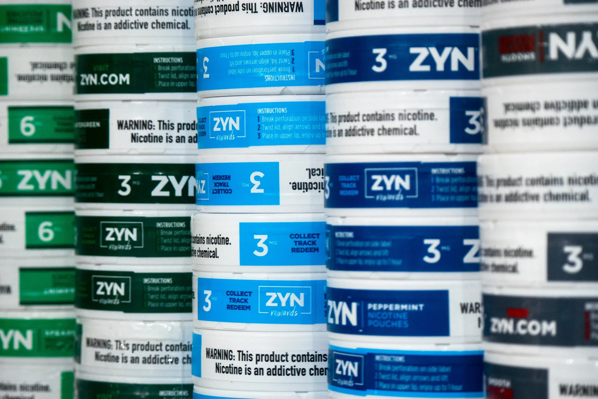 Zyn smokeless nicotine pouch containers for sale in the Brooklyn borough of New York, US, on Tuesday, Feb. 6, 2024. Philip Morris International Inc. is scheduled to release earnings figures on February 8.