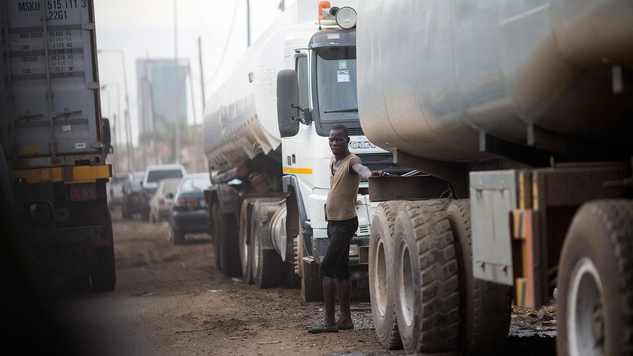 An oil tanker waiting in a queue of traffic outside the Port of Luanda in Luanda, Angola.
