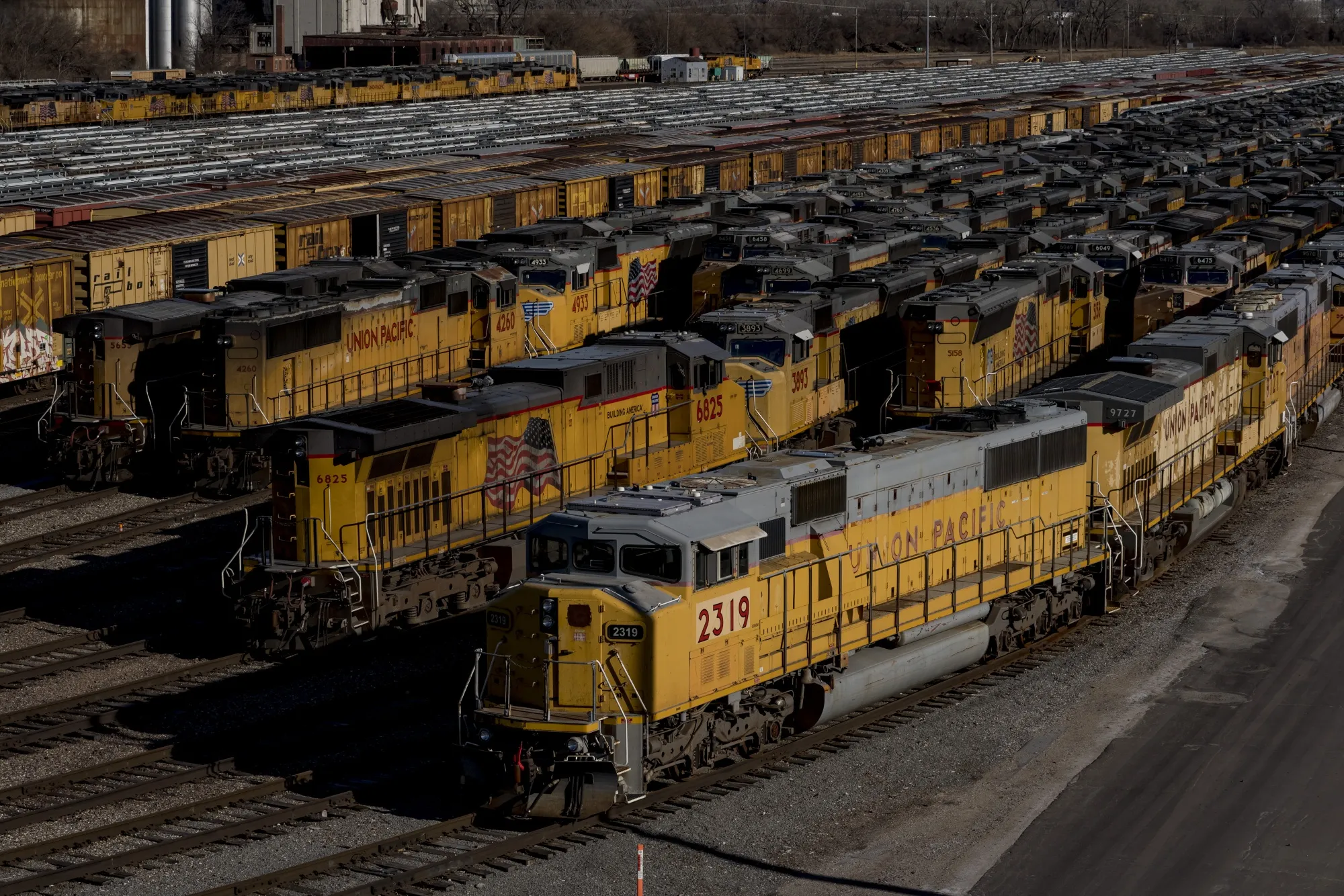 Union Pacific locomotives at a rail yard in Kansas City, Missouri, earlier this month.