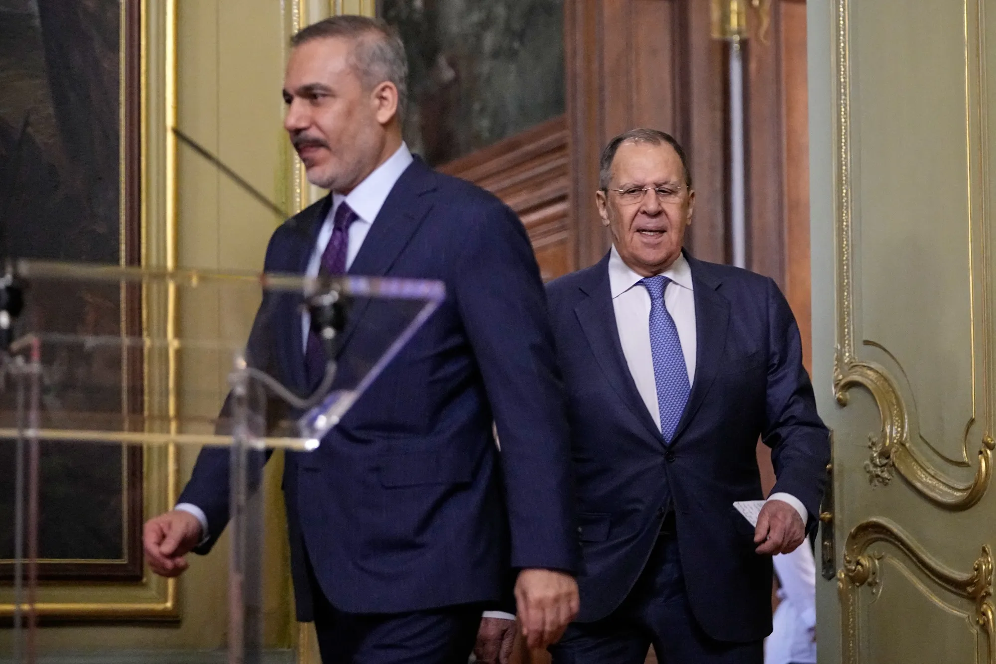 Sergei Lavrov, right, and Hakan Fidan&nbsp;in Moscow, on May 27.