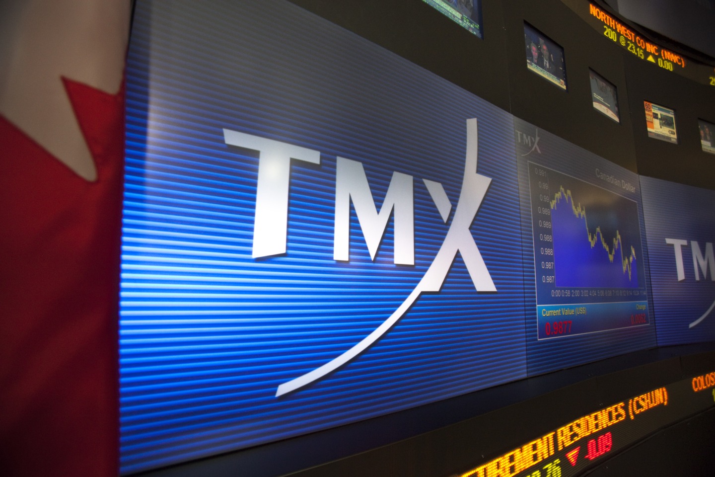 TMX Group Inc. signage and stock prices are displayed on a screen in the broadcast center of the Toronto Stock Exchange (TSX) in Toronto, Ontario, Canada, on Tuesday, Feb. 19, 2013. Canadian stocks rose for the first time in four days, led by gains among banks, after a measure showing an increase in German investor confidence added to signs of a European economic recovery.