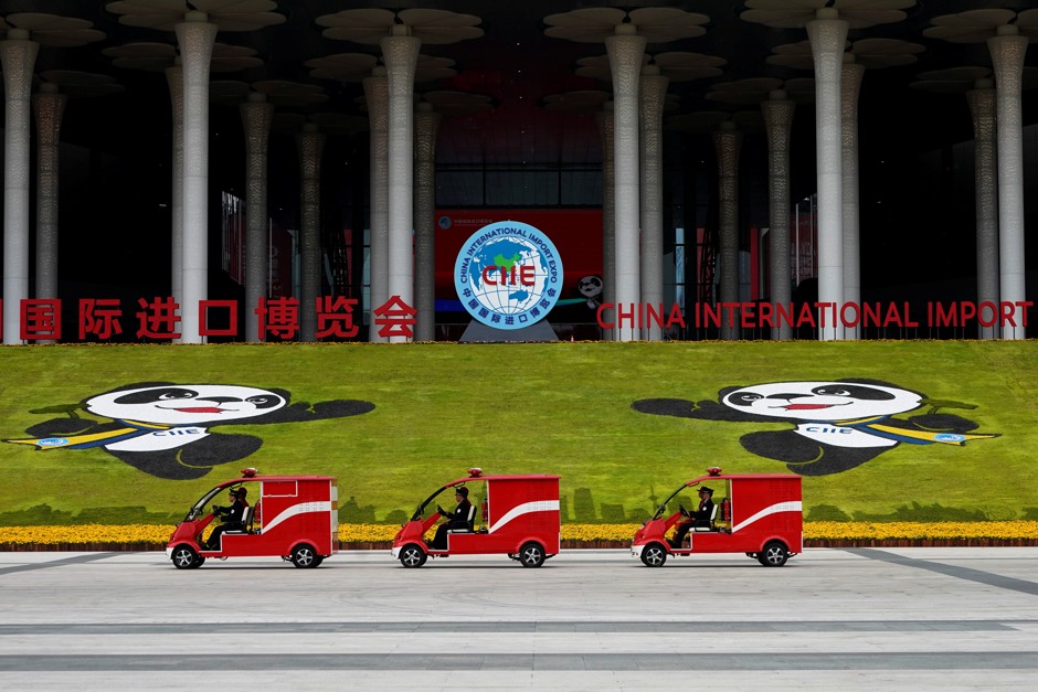 Low-profile electric fire trucks on display at China's International Import Expo.