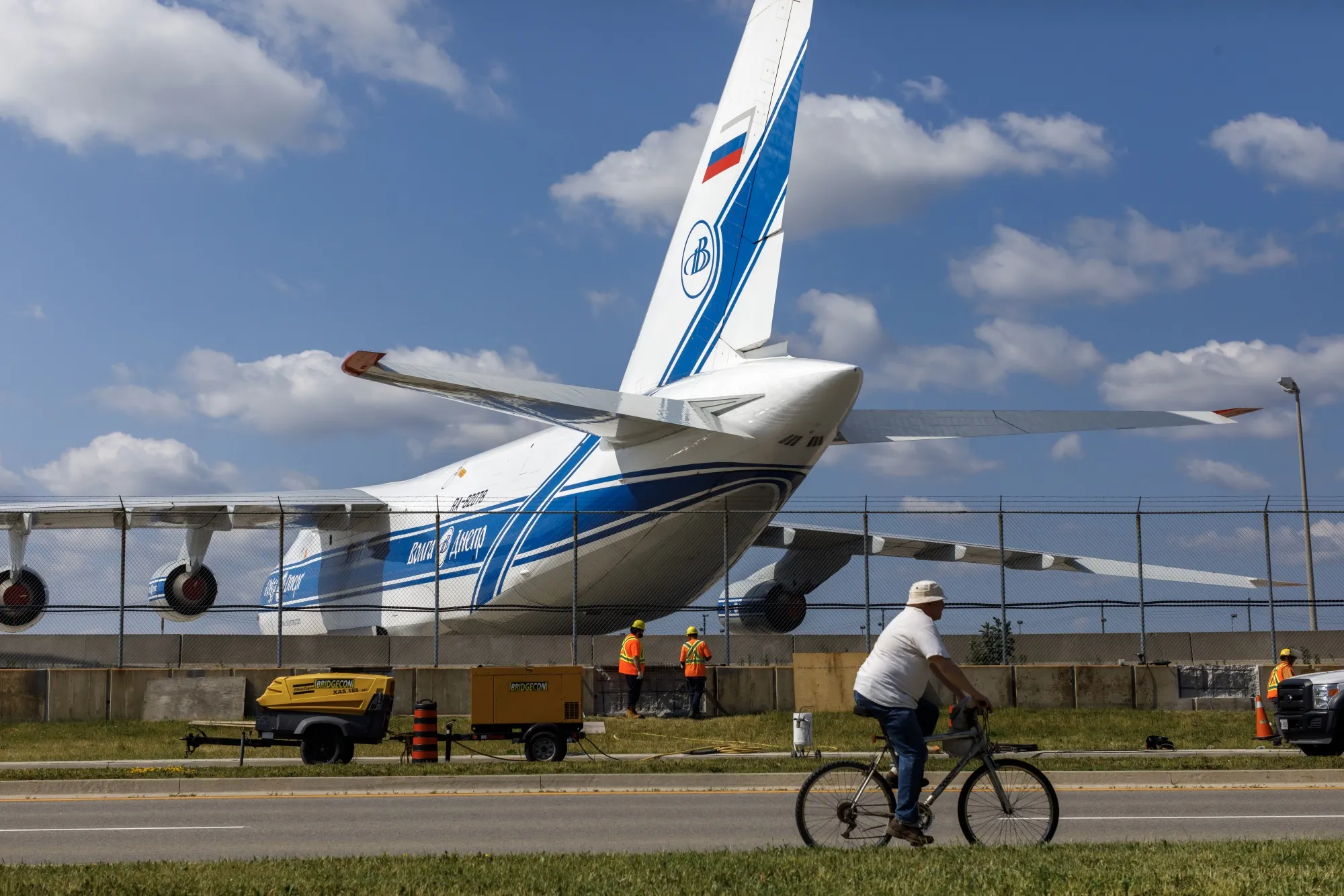 An Antonov An-124 cargo aircraft that has been grounded since 2022 at Toronto Pearson International Airport.