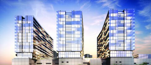 Onex Corp., Canada’s largest private-equity firm, plans 795 condos across three towers in a project called Grand at Sky View Parc. Source: Onex Corp. via Bloomberg