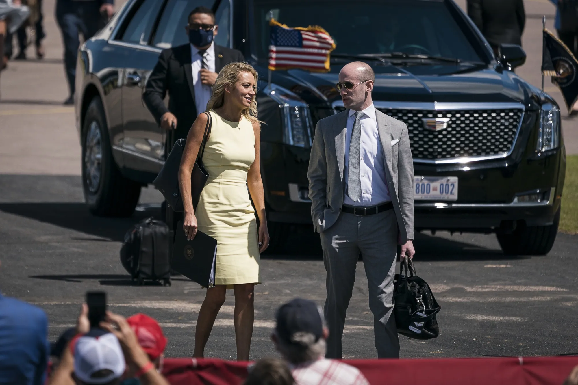 Kayleigh McEnany,&nbsp;left, and Stephen Miller, at a rally for Donald Trump in Mankato, Minnesota, on&nbsp;Aug. 17, 2020.&nbsp;