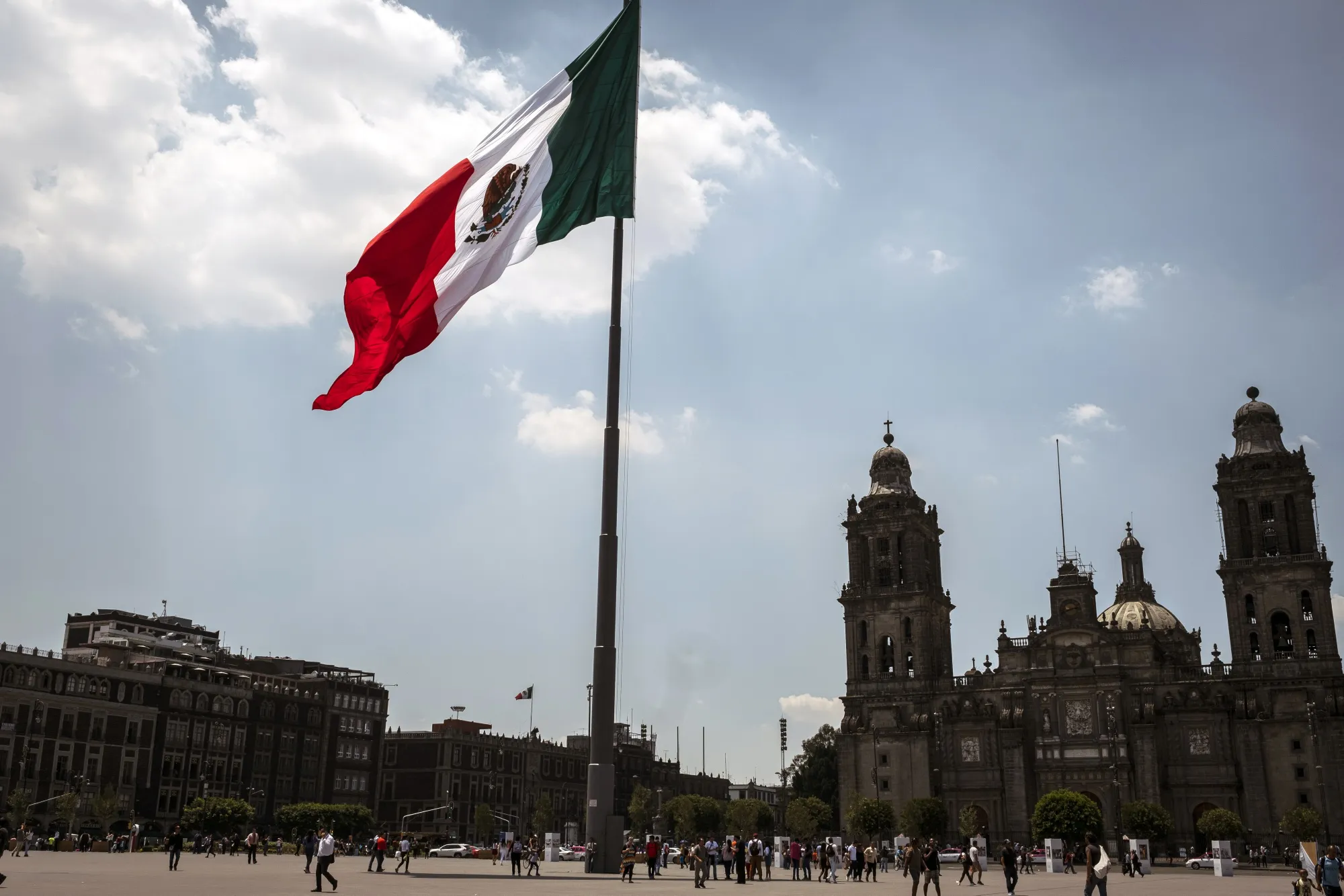 The Mexican flag stands on display at the Zocalo in Mexico City.