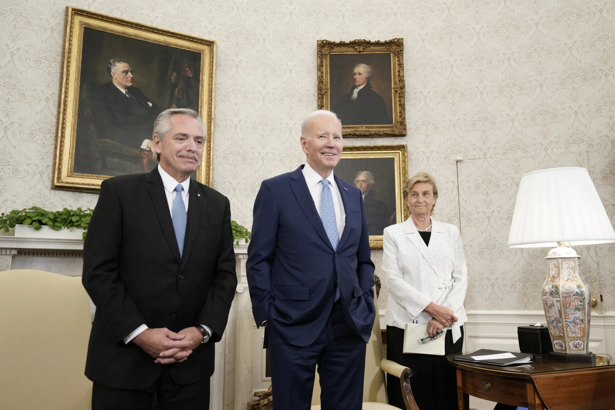 US President Joe Biden, center, meets Alberto Fernandez, Argentina’s president, in the Oval Office of the White House in Washington on March 29, 2023.
