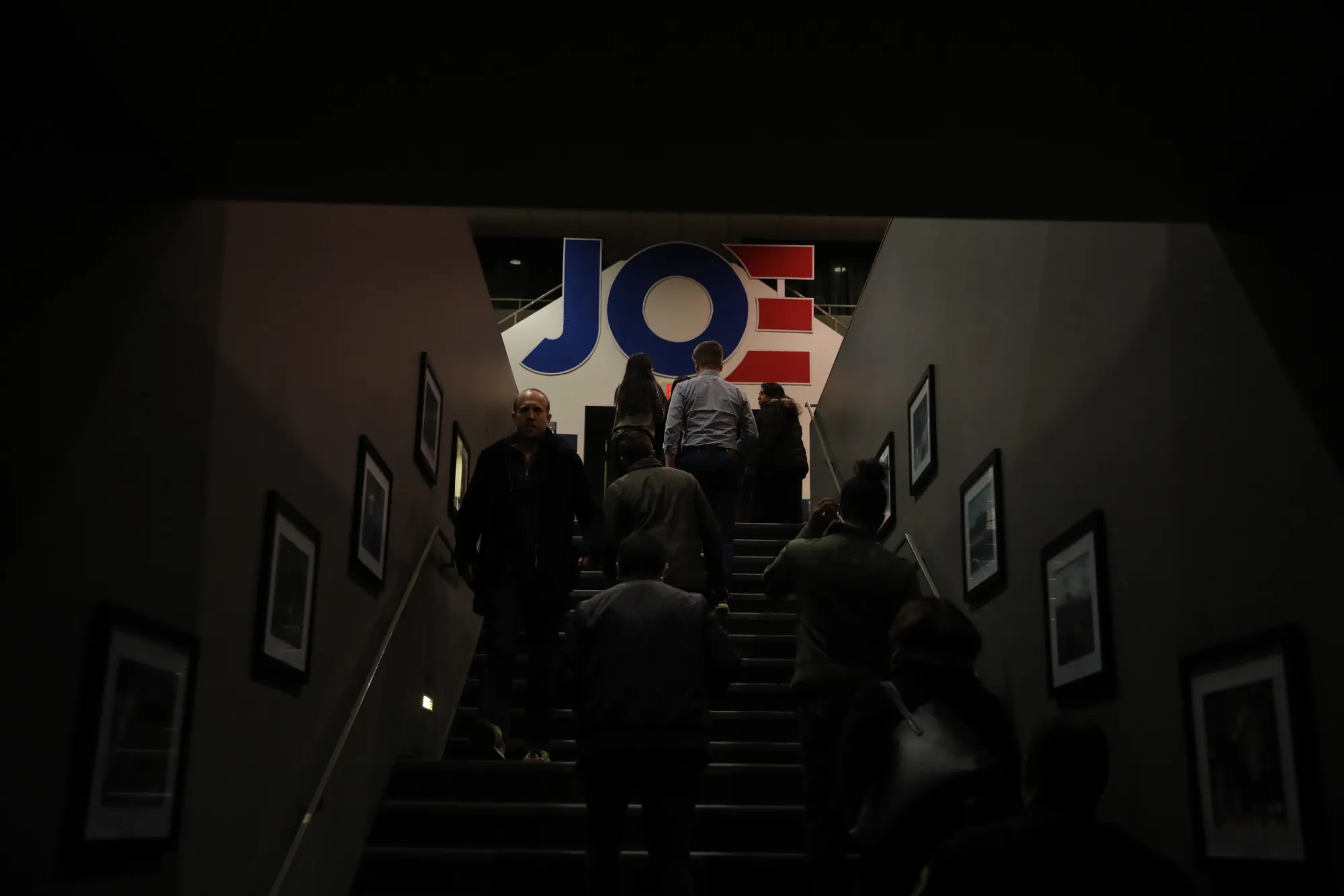 Biden supporters arrive for a caucus night watch party in Des Moines, Iowa, on Feb. 3, 2020.&nbsp;