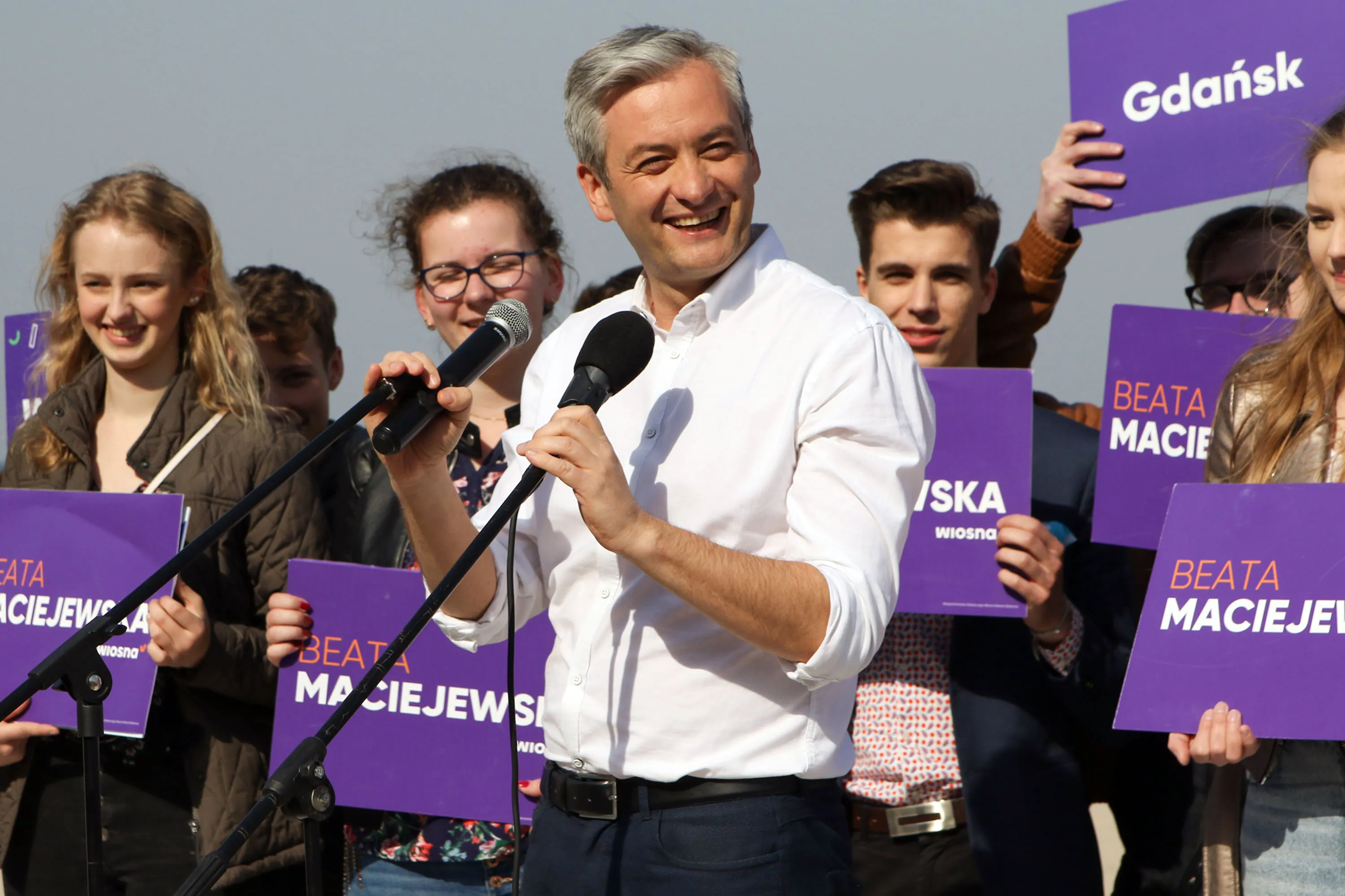 Robert Biedron&nbsp;meets supporters in Sopot, Poland, on April 23.
