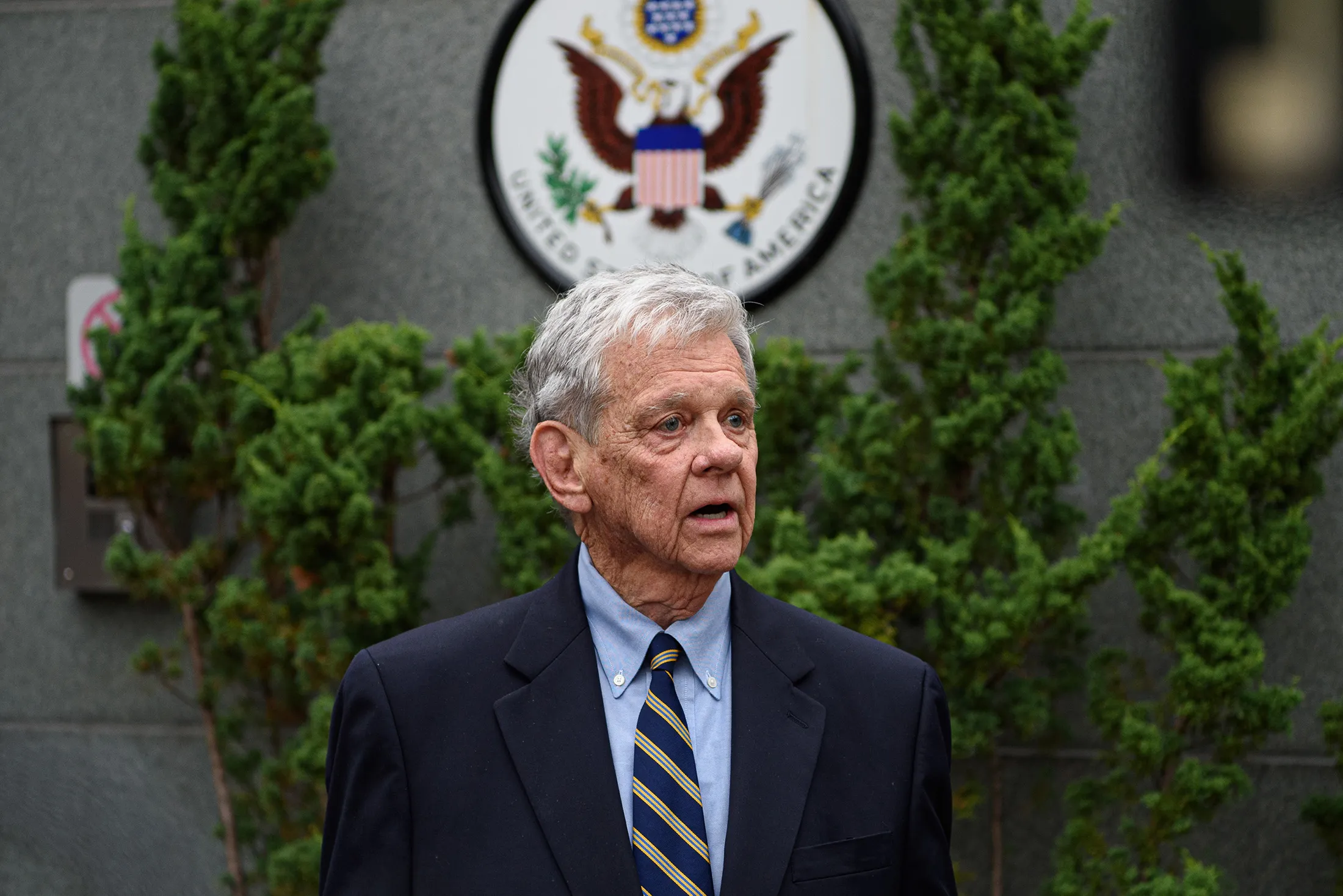 John Coale speaks to members of the media after the release of 52 political prisoners following a meeting with Belarusian leader Alexander Lukashenko in Vilnius, Lithuania, on Sept. 11.