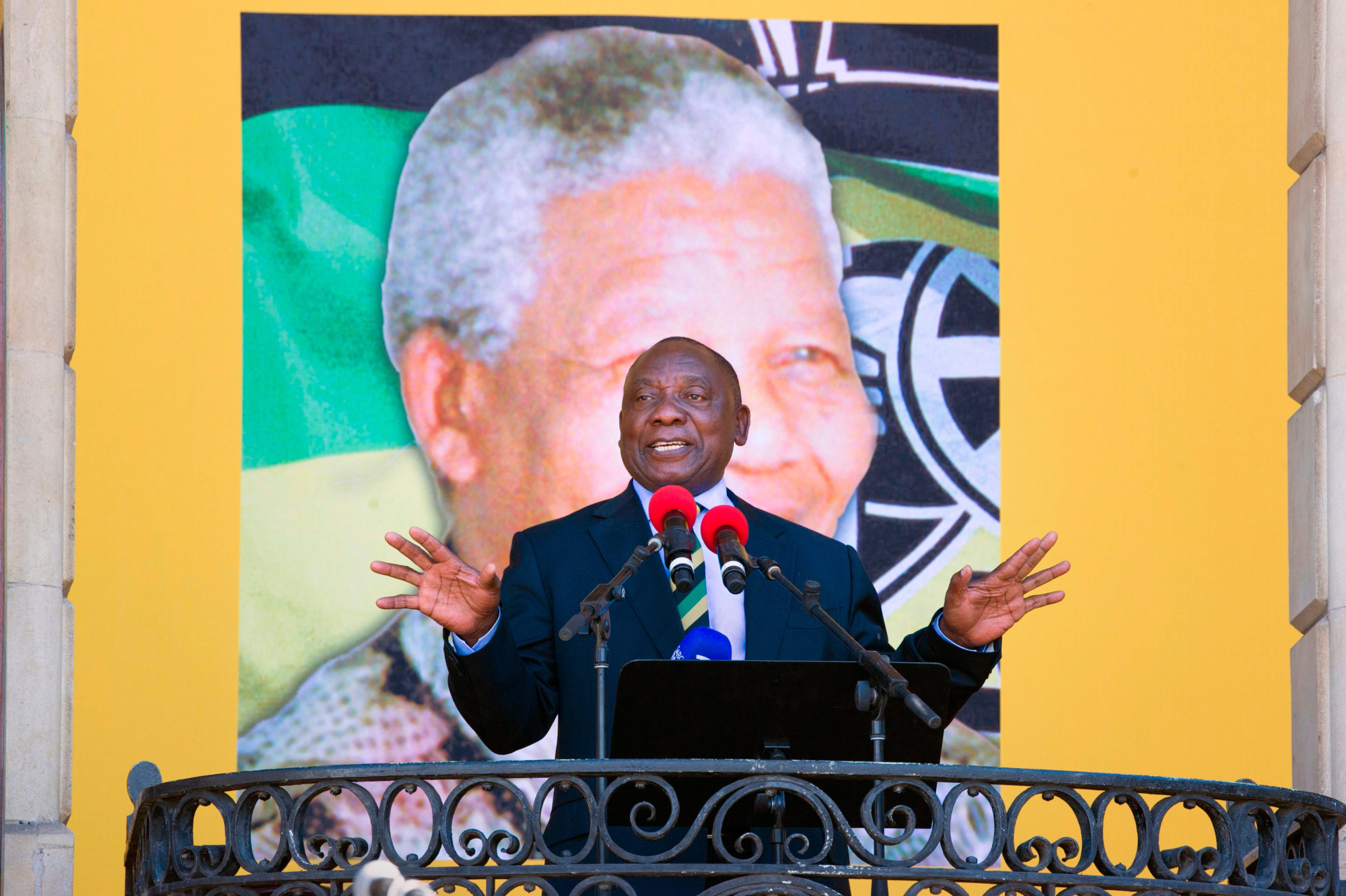 South African Deputy President and newly-elected president of the ruling African National Congress (ANC), Cyril Ramaphosa speaks during a rally on February 11, 2018 in Cape Town, from the same spot where exactly 28 years before, Nelson Mandela had first addressed South Africans, after being released from a 27 year jail term. South Africa's president-in-waiting Cyril Ramaphosa admitted February 11 to "disunity and discord" in the ruling ANC party as the deadlocked effort to oust scandal-tainted leader Jacob Zuma grinds on. With Zuma refusing a party request to resign, the African National Congress (ANC) top decision-making committee will meet on February 12. / AFP PHOTO / RODGER BOSCH (Photo credit should read RODGER BOSCH/AFP/Getty Images)
