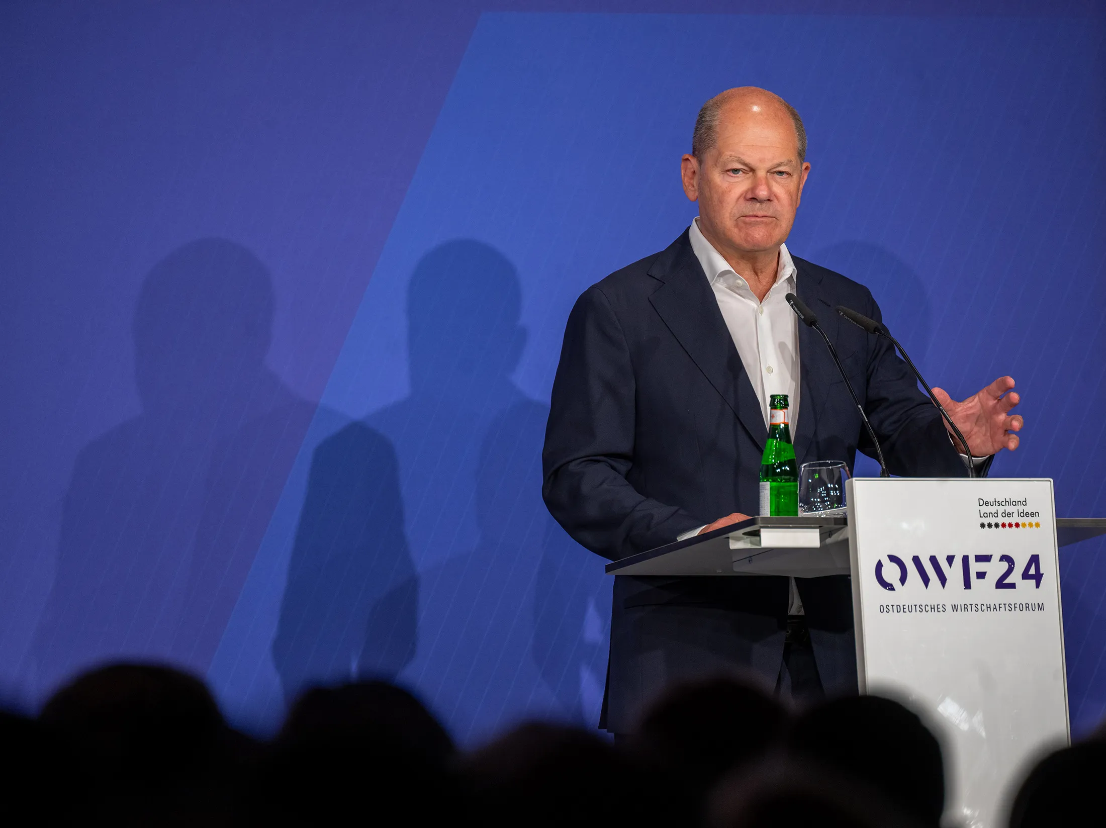 Olaf Scholz speaks at the East German Economic Forum in Brandenburg, Bad Saarow, on June 2.