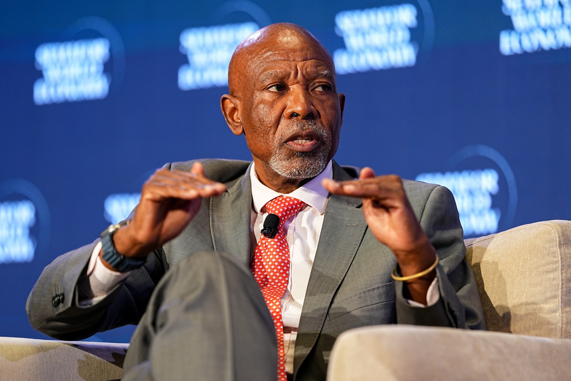 Lesetja Kganyago, governor of South Africa's Reserve Bank, at the Semafor World Economy Summit during the International Monetary Fund (IMF) and World Bank Spring meetings in Washington, DC, US, on Thursday, April 16, 2026. The International Monetary Fund downgraded its growth projection for the year after the war in the Middle East triggered a major oil shock and included the possibility of a downturn if the conflict drags on and energy infrastructure is severally damaged. Photographer: Aaron Schwartz/Bloomberg