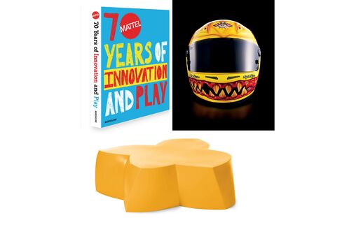 Pictured: A Mattel Hot Wheels helmet worn by rally car driver Tanner Foust in 2012 (top); Frank Gehry’s lighthearted, kid-friendly coffee table (bottom).