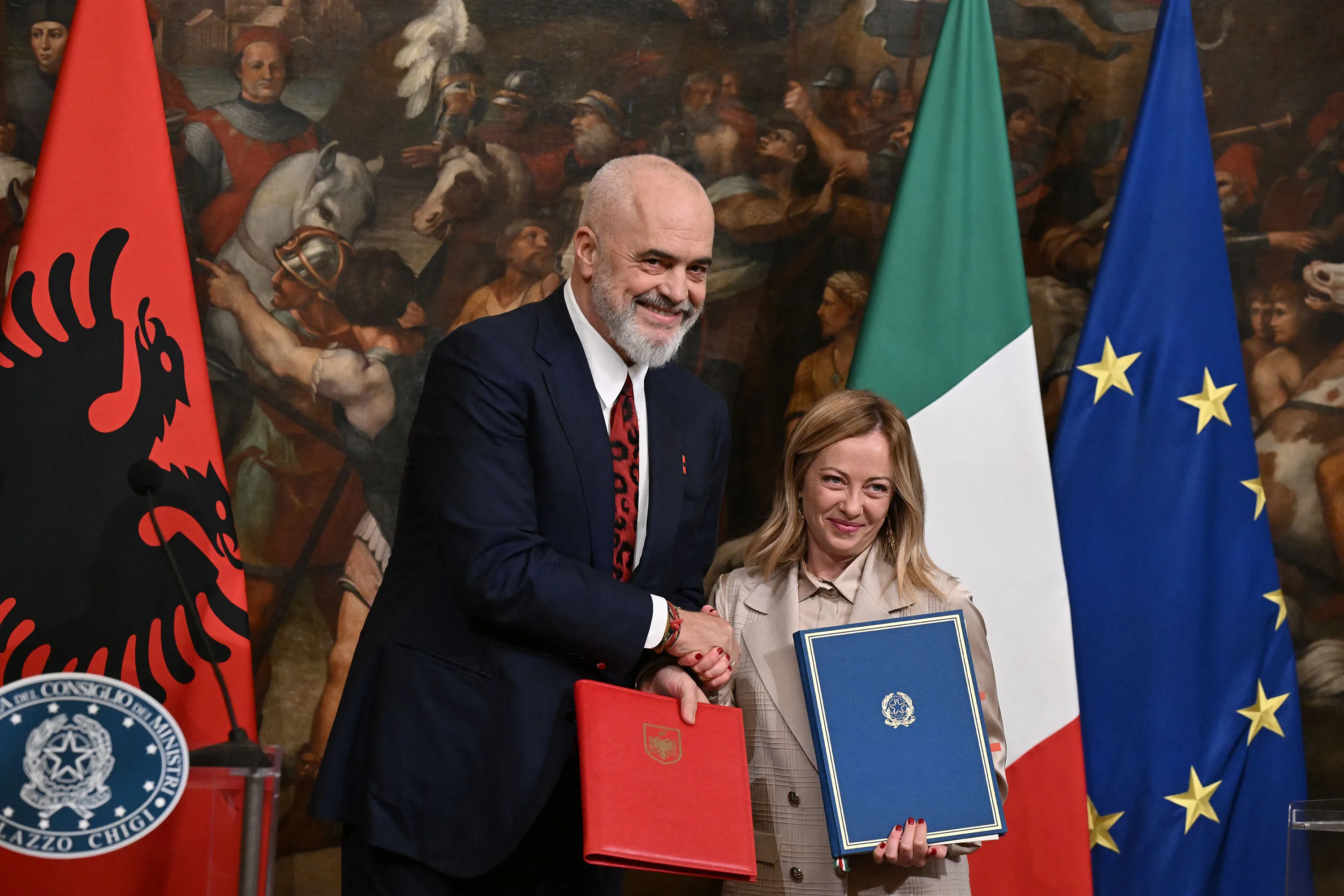 Giorgia Meloni and Edi Rama during a news conference following an agreement on migration centers&nbsp;at Palazzo Chigi in Rome on Nov. 6.