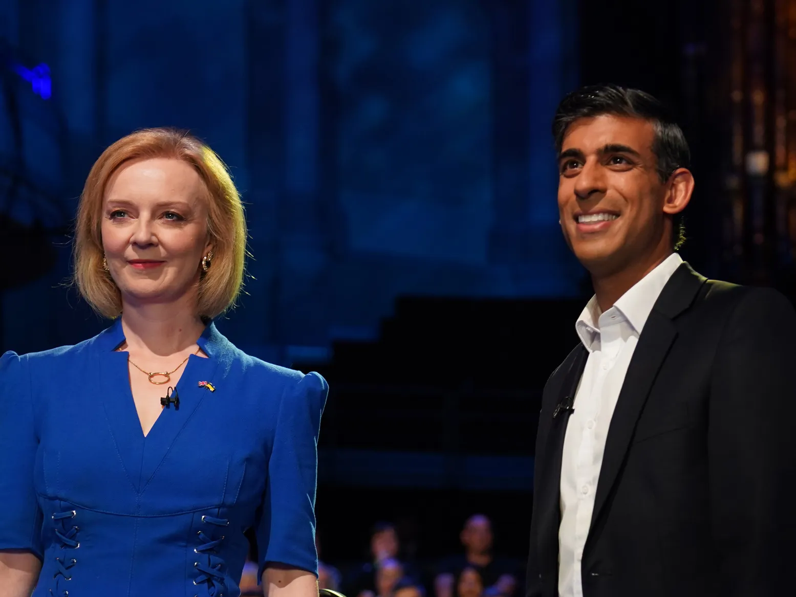 Liz Truss, left, and&nbsp;Rishi Sunak take part in the BBC Leadership debate in Hanley, England,&nbsp;on July 25.