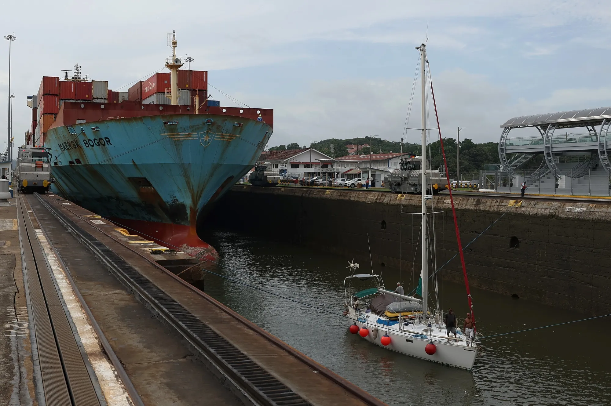 Vessels transit the Panama Canal.