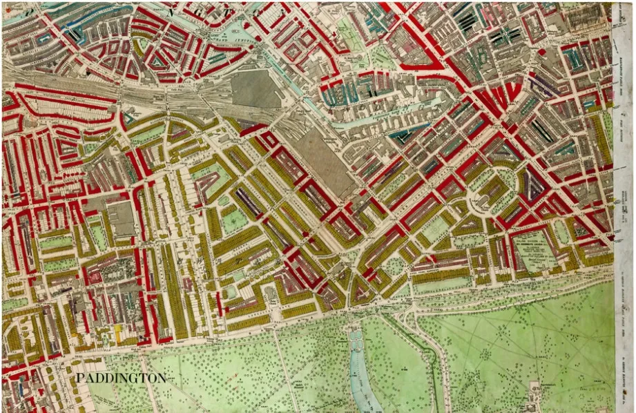 A map showing the considerable wealth, and small pockets of poverty in the streets north of London's Hyde Park.