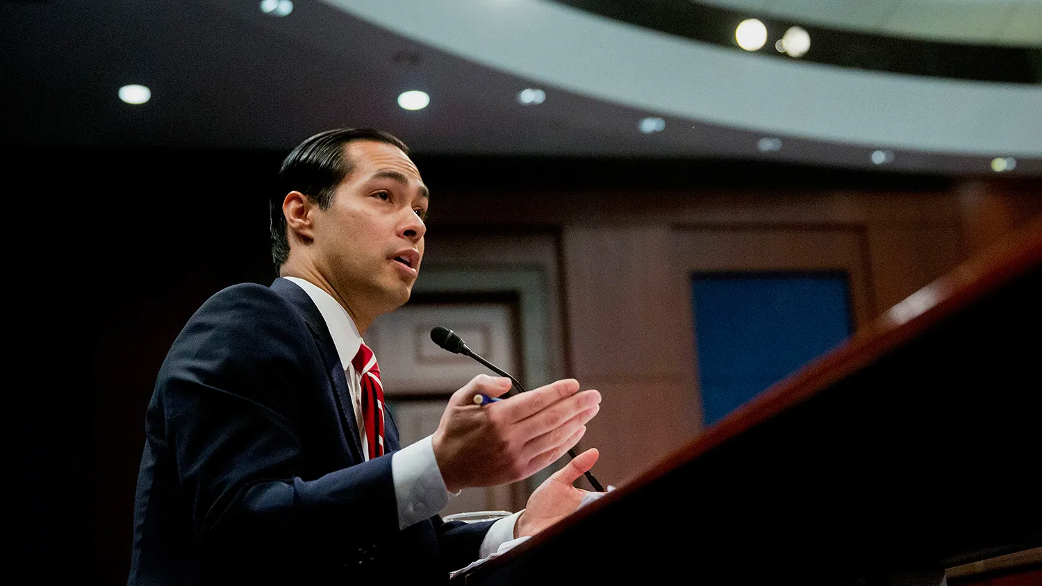 Julian Castro, secretary of U.S. Housing and Urban Development (HUD), speaks during a House Financial Services Committee hearing in Washington, D.C., U.S., on Wednesday, Feb. 11, 2015.
