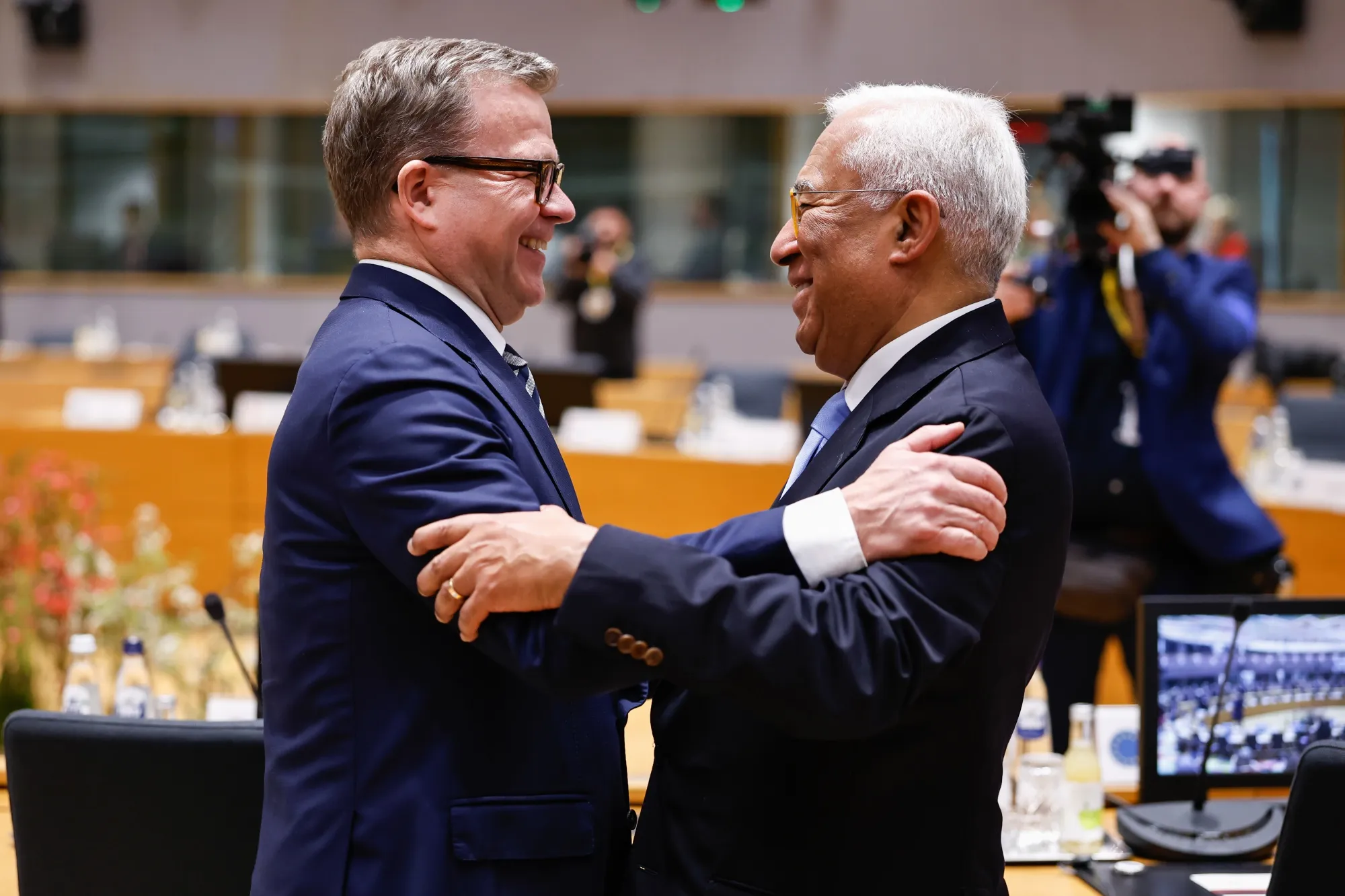 Petteri Orpo, Finland’s prime minister, left, and Antonio Costa, president of the European Council, at a European Council meeting in Brussels, on Thursday, March 19, 2026.