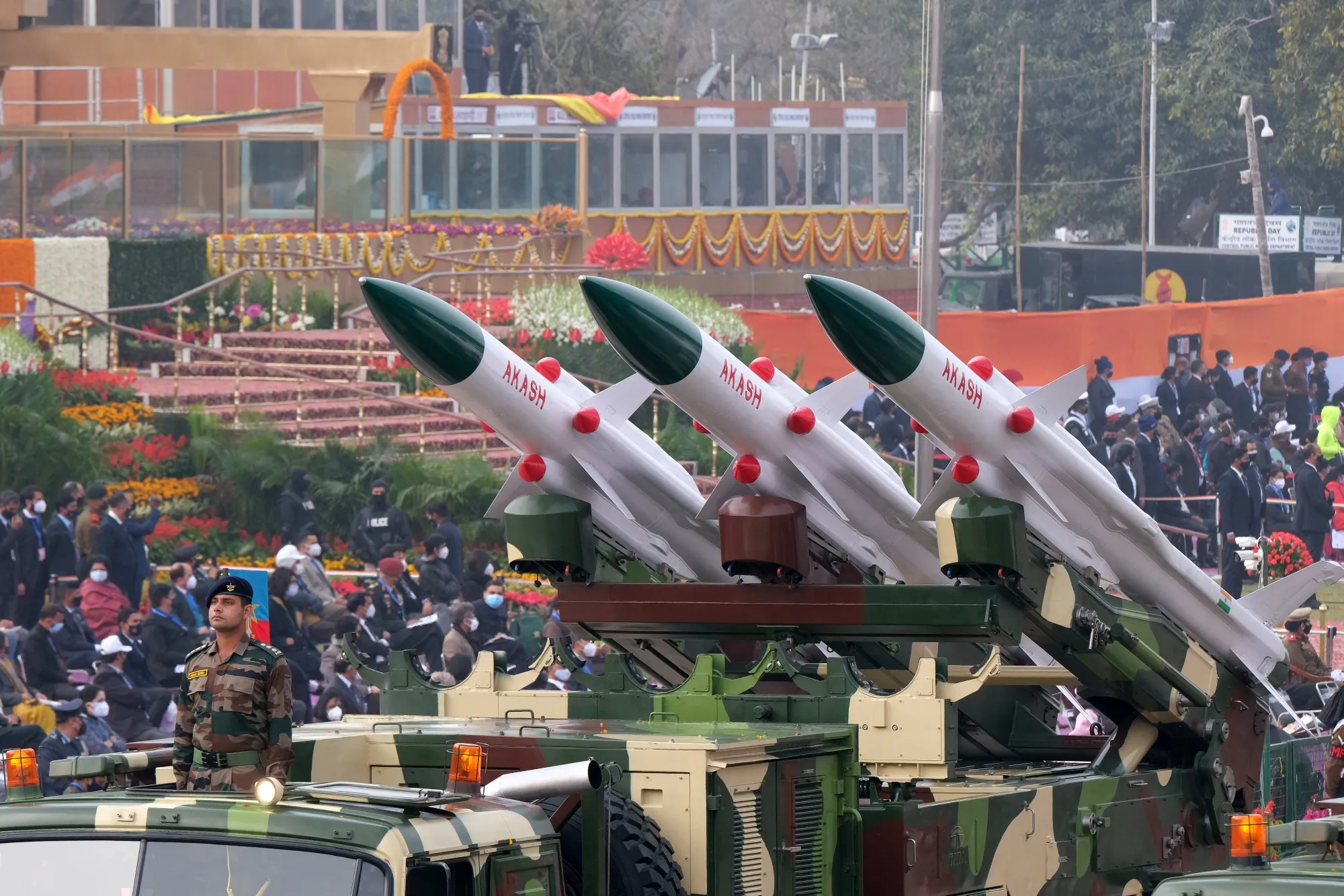 An Indian Army Akash missile launcher rolls through the ceremonial Rajpath during the Republic Day parade in New Delhi on&nbsp;Jan. 26.