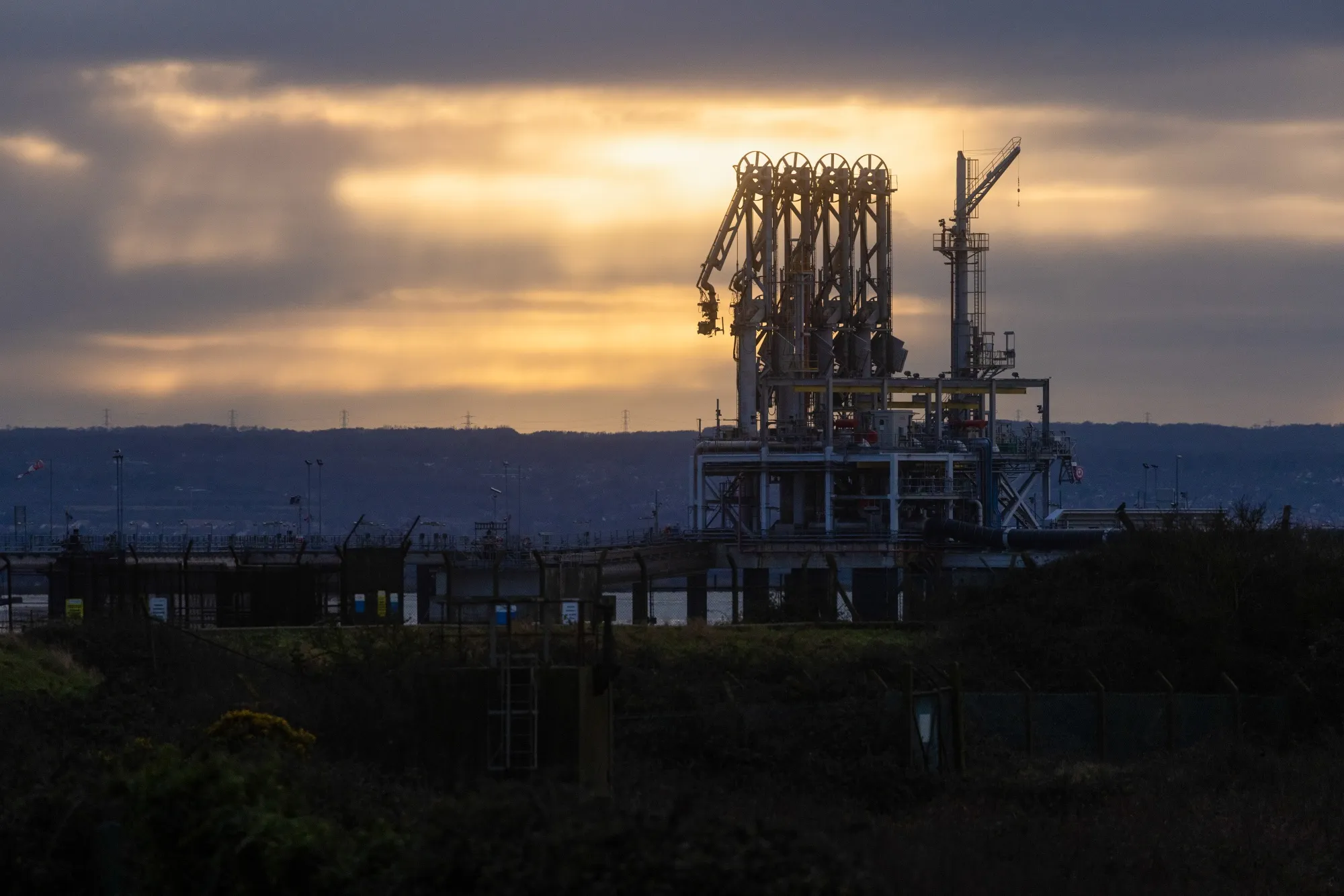 Ship-to-shore pipelines at the National Grid's import terminal on the Isle of Grain near Rochester, U.K.