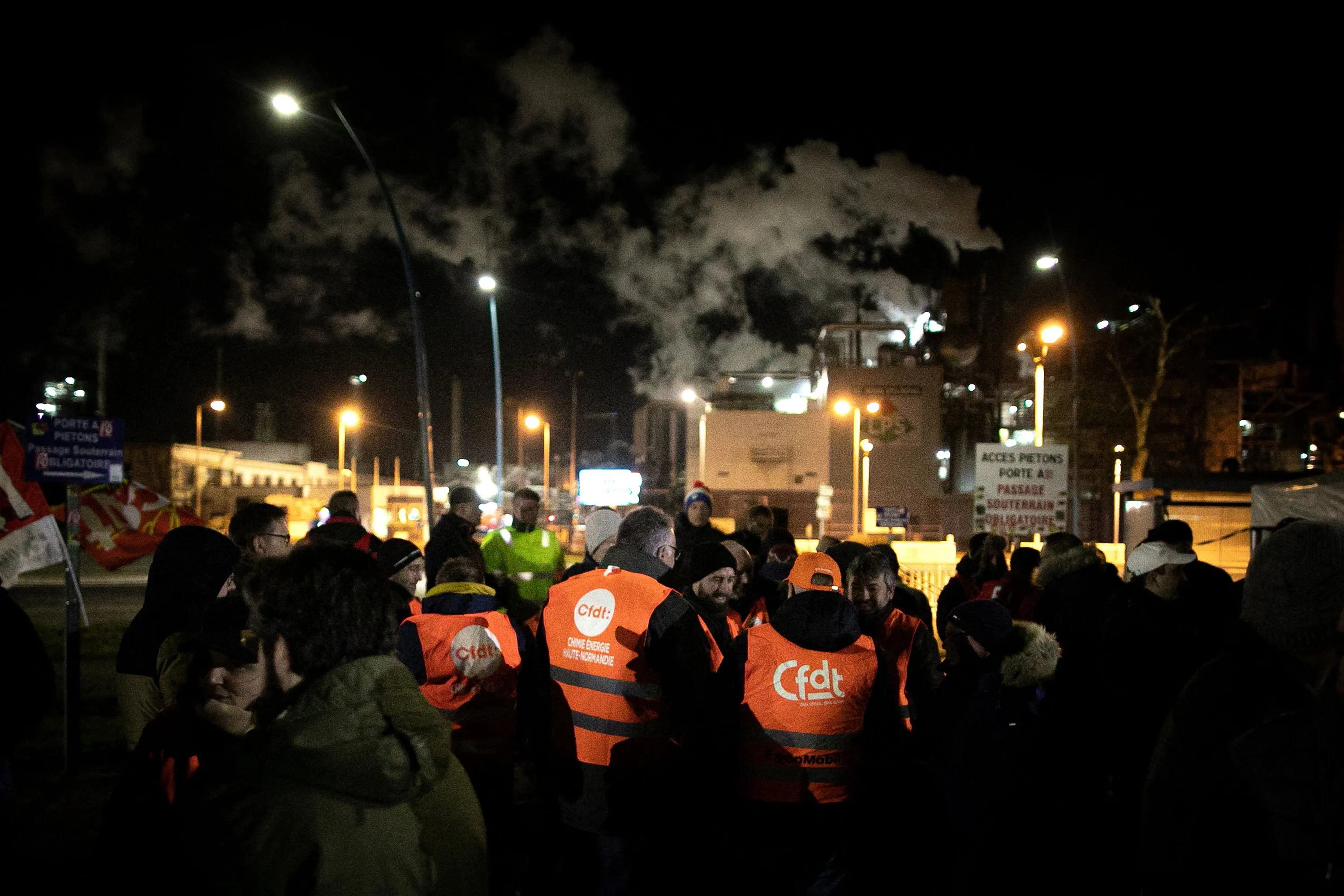 Protesters gather&nbsp;at the Exxon-Mobil Port Jerome Gravenchon refinery, in Port-Jerome-sur-Seine, near Le Havre,&nbsp;on March 7.