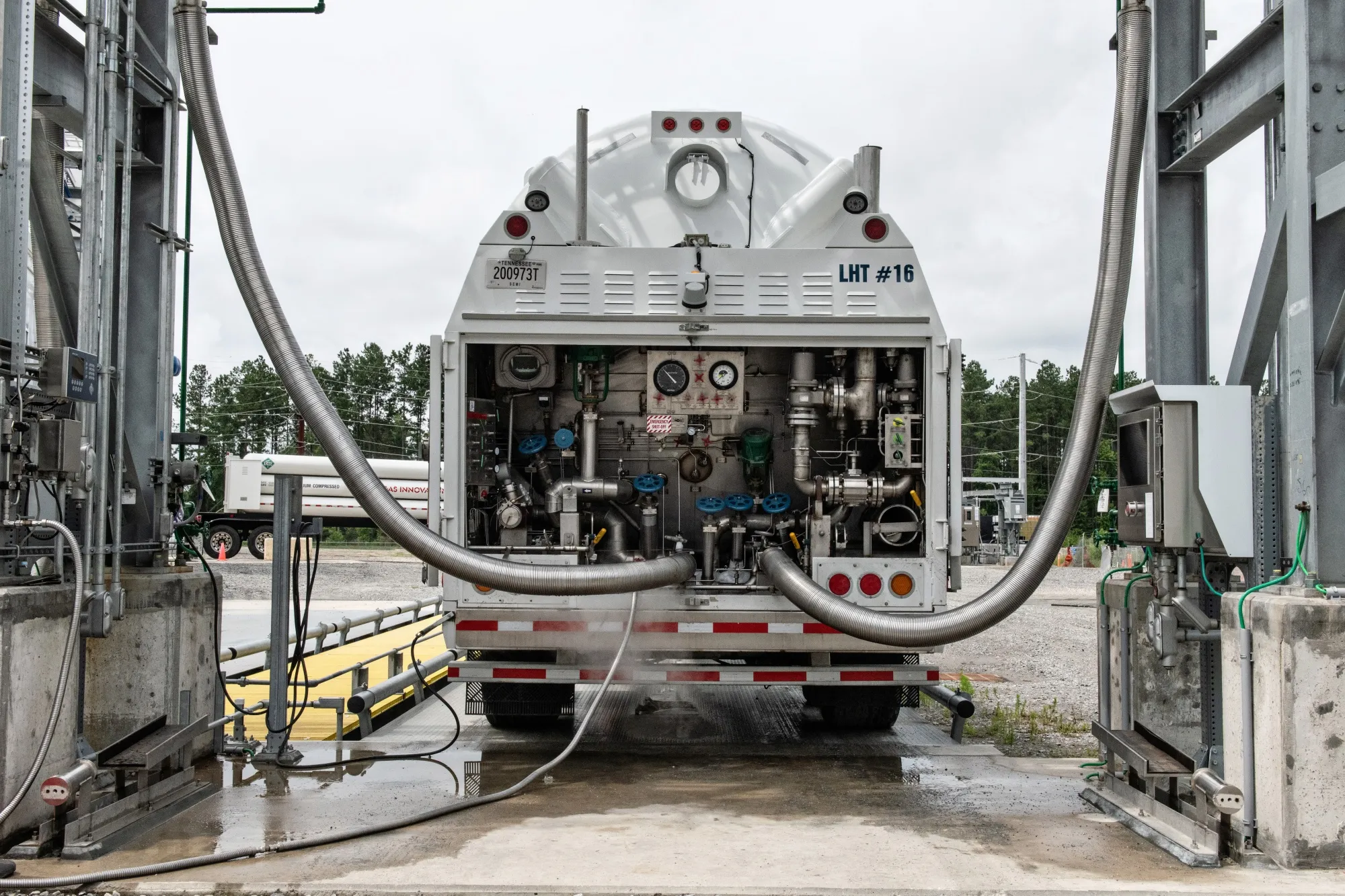 Hydrogen is loaded into a truck at the Plug Power Inc. green hydrogen plant in Woodbine, Georgia. BloombergNEF’s new forecast shows the cost for the clean fuel will remain above its fossil-fuel-produced counterpart for decades to come.