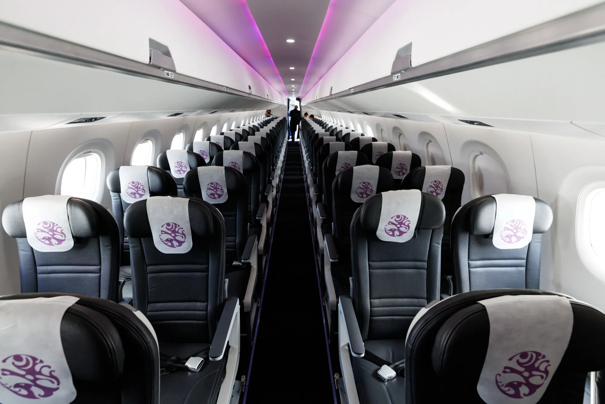 Economy class seats onboard an Embraer SA E195-E2 aircraft.