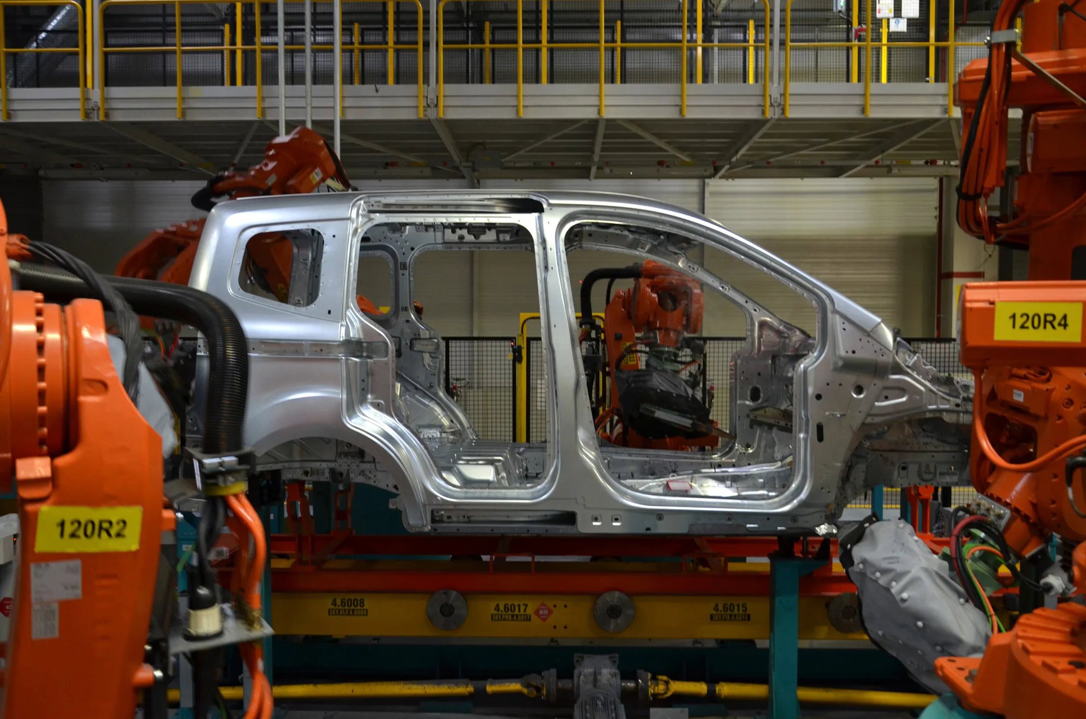 An unpainted Ford Tourneo Courier body shell is seen on the assembly line at Ford Otosan's Yenikoy Factory in Kocaeli, Turkey.