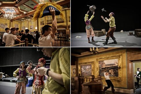 Performers rehearse for the Jack Sparrow's Stunt Spectacular in Treasure Cove at the Shanghai Disneyland.