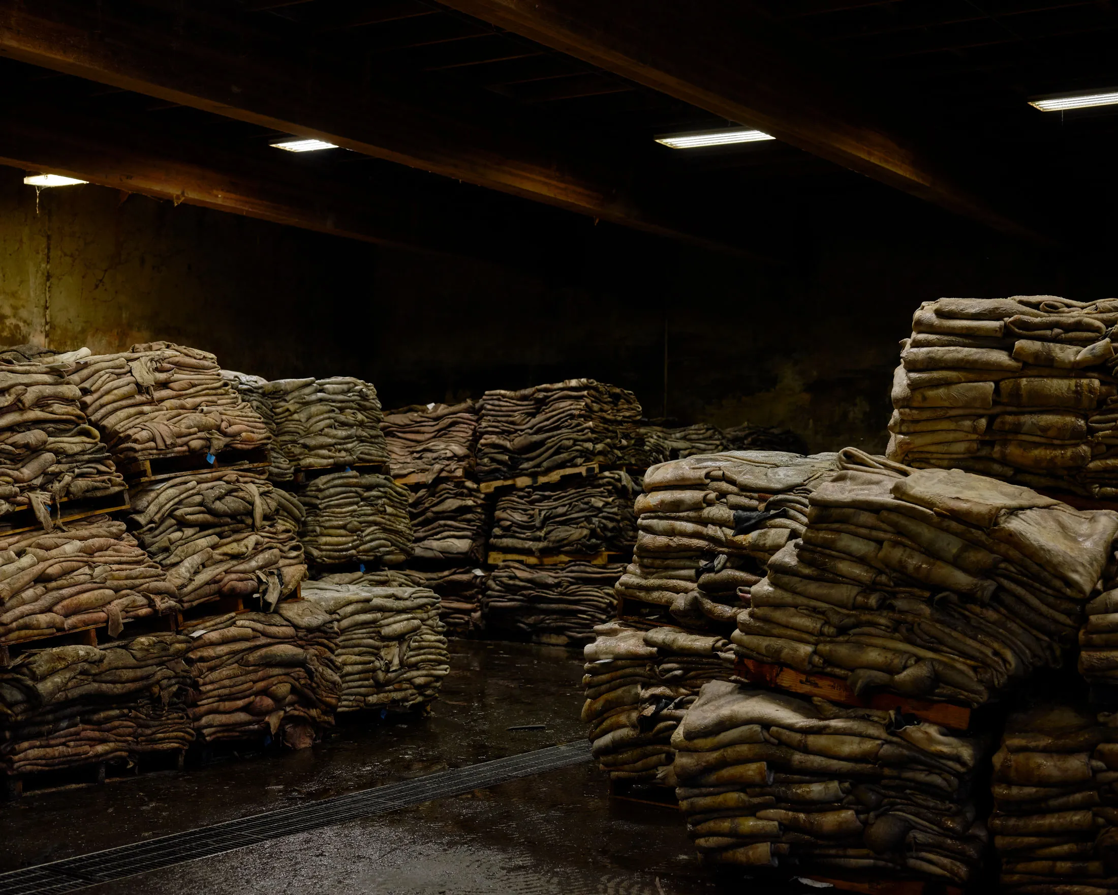 Stacks of trimmed hides waiting to be shipped at Southwest Hide &amp; Tallow in Bellingham, Washington.