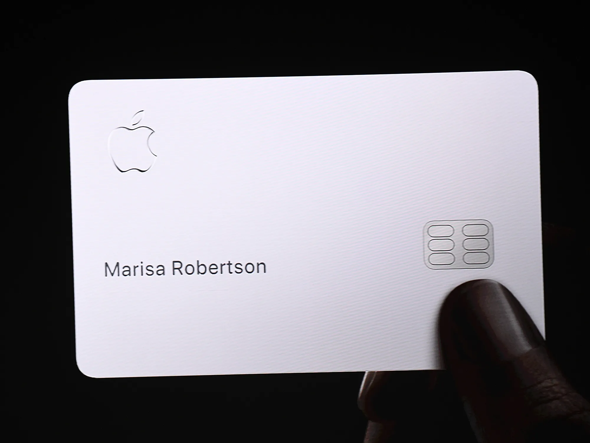 Apple card displayed on screen during an event in Cupertino, California on March 25, 2019.