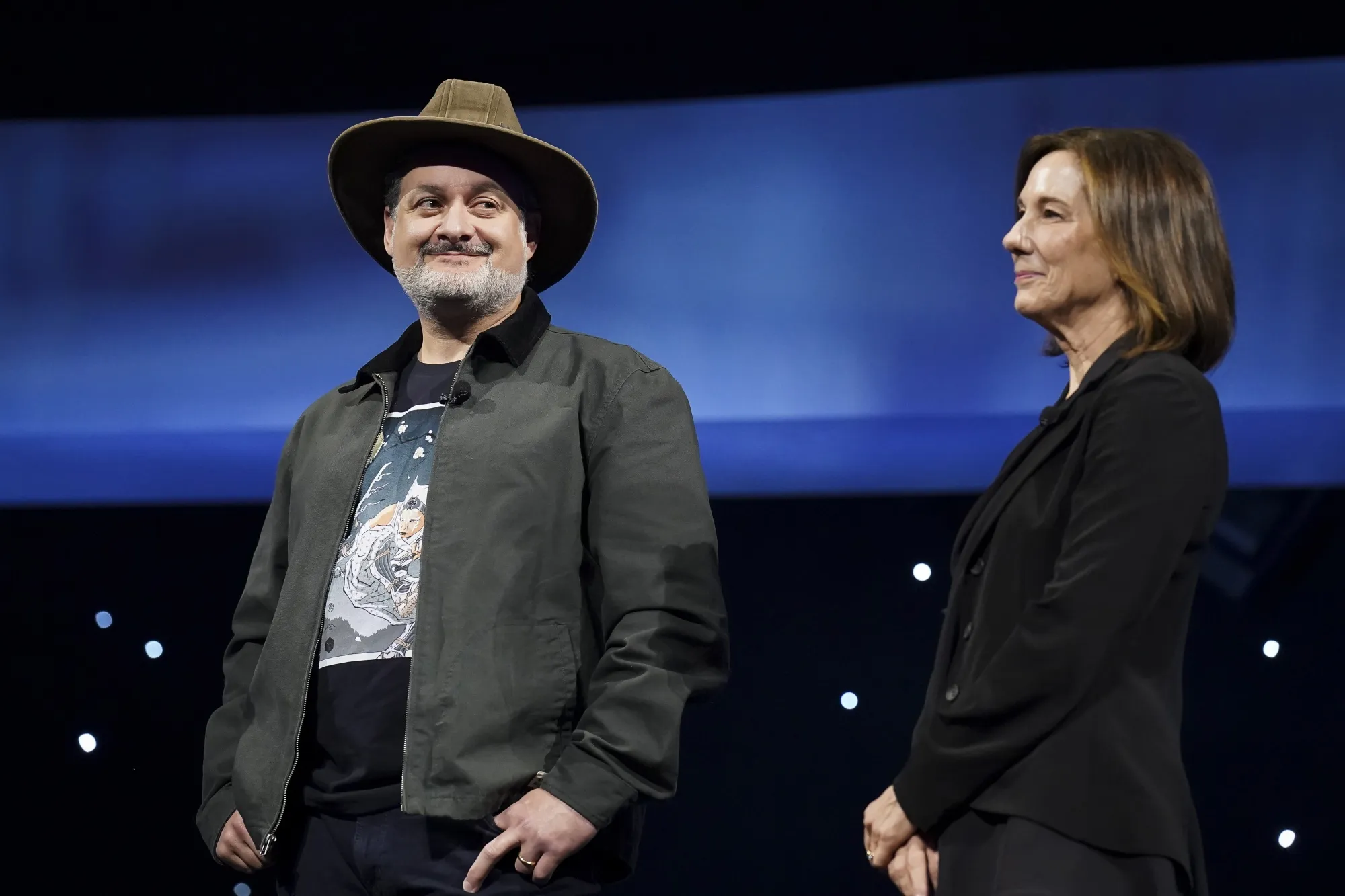 Dave Filoni and Kathleen Kennedy during a Star Wars celebration in Chiba, Japan.