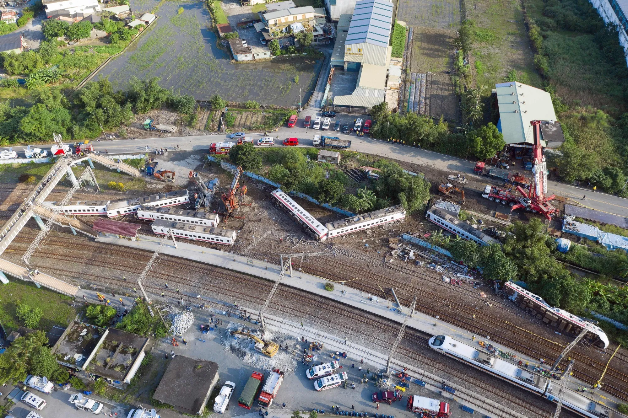 Carriages of the Puyuma Express train in Taiwan's northeastern Yilan county on Oct. 22, 2018, a day after the train derailed at high speed near Xinma station.&nbsp;