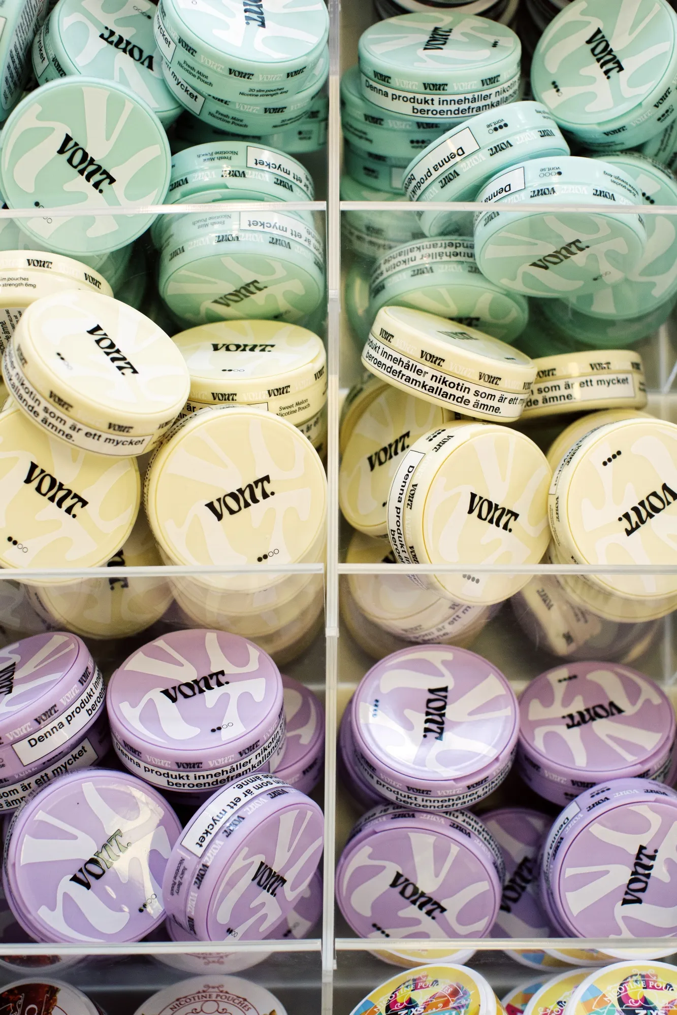Assorted flavors of snus at a&nbsp;Nikoteket store&nbsp;in Stockholm.